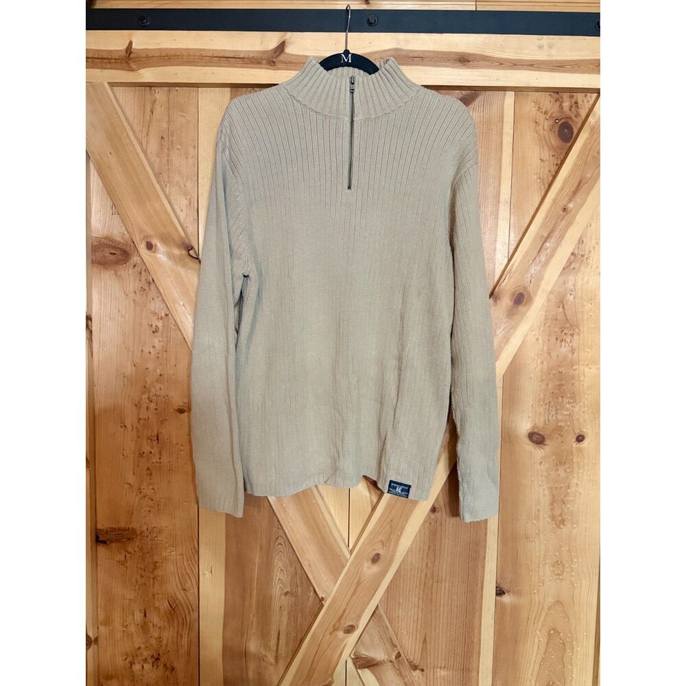 Vtg American Eagle Mens Medium Beige Ribbed Quarter Zip 100% Cotton Sweater Prep